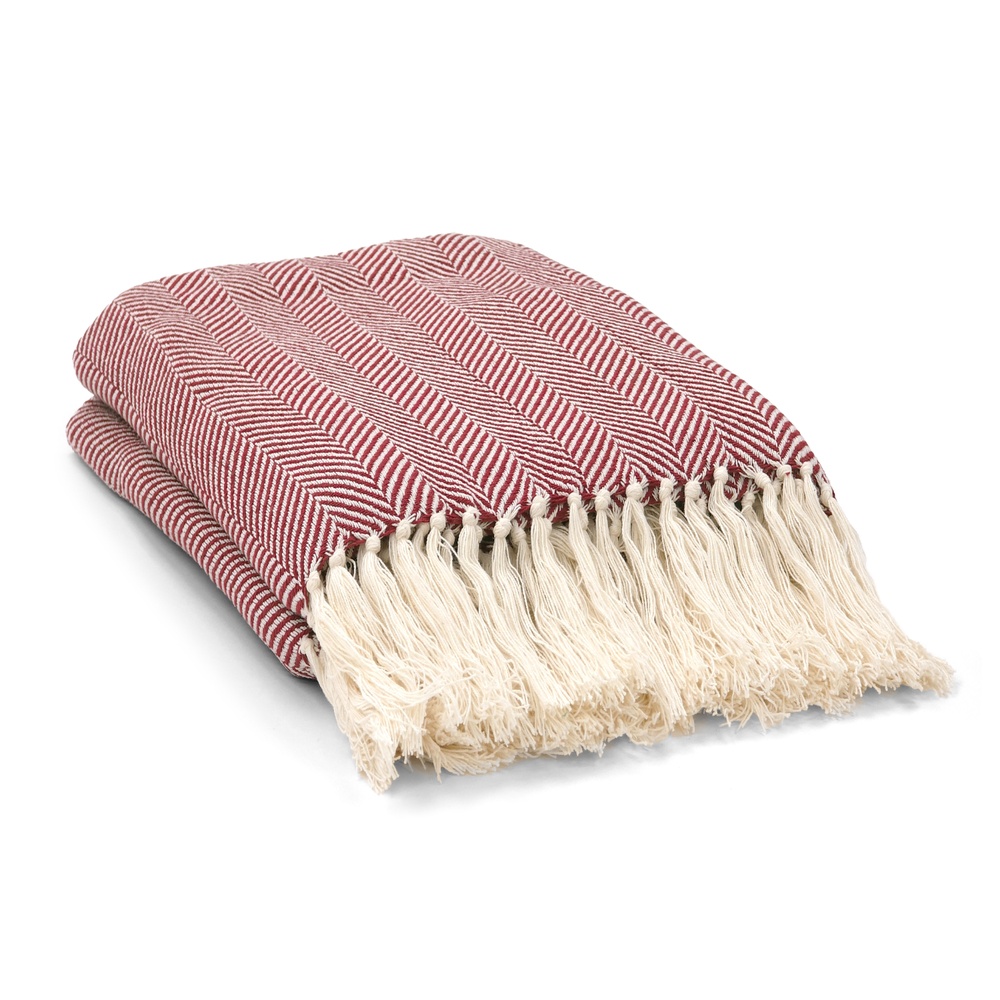 Couverture en coton ' Denisa Fishbone ' 130 x 170 cm - Rouge/blanc