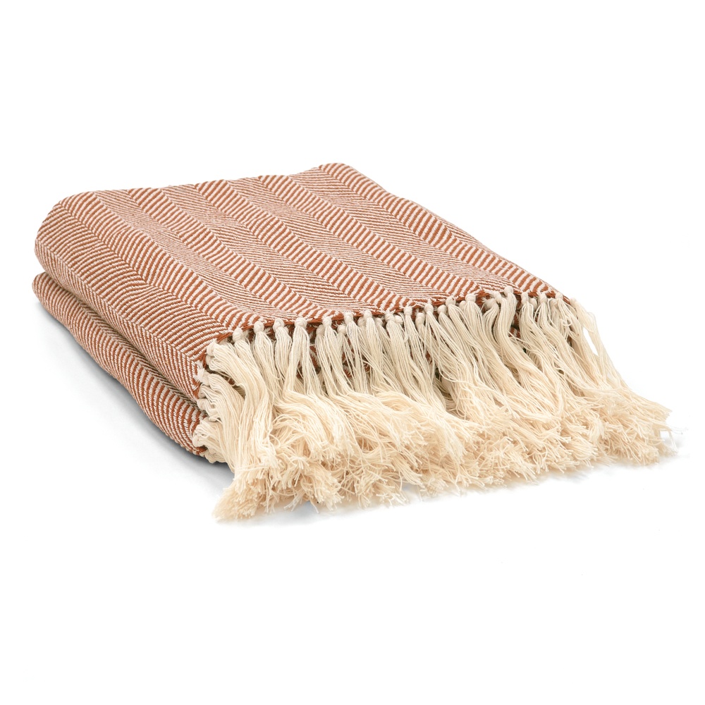 Couverture en coton ' Denisa Fishbone ' 130 x 170 cm - Marron/blanc