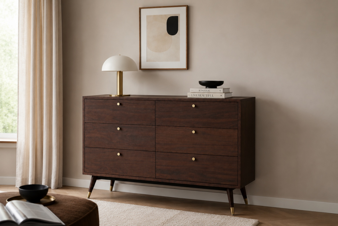 Commode 'Prime' 6 tiroirs - Noyer/Laiton