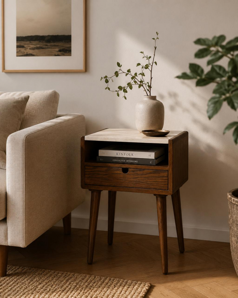 Table d’appoint 'Sapri' 45x60cm - Noyer/Travertin