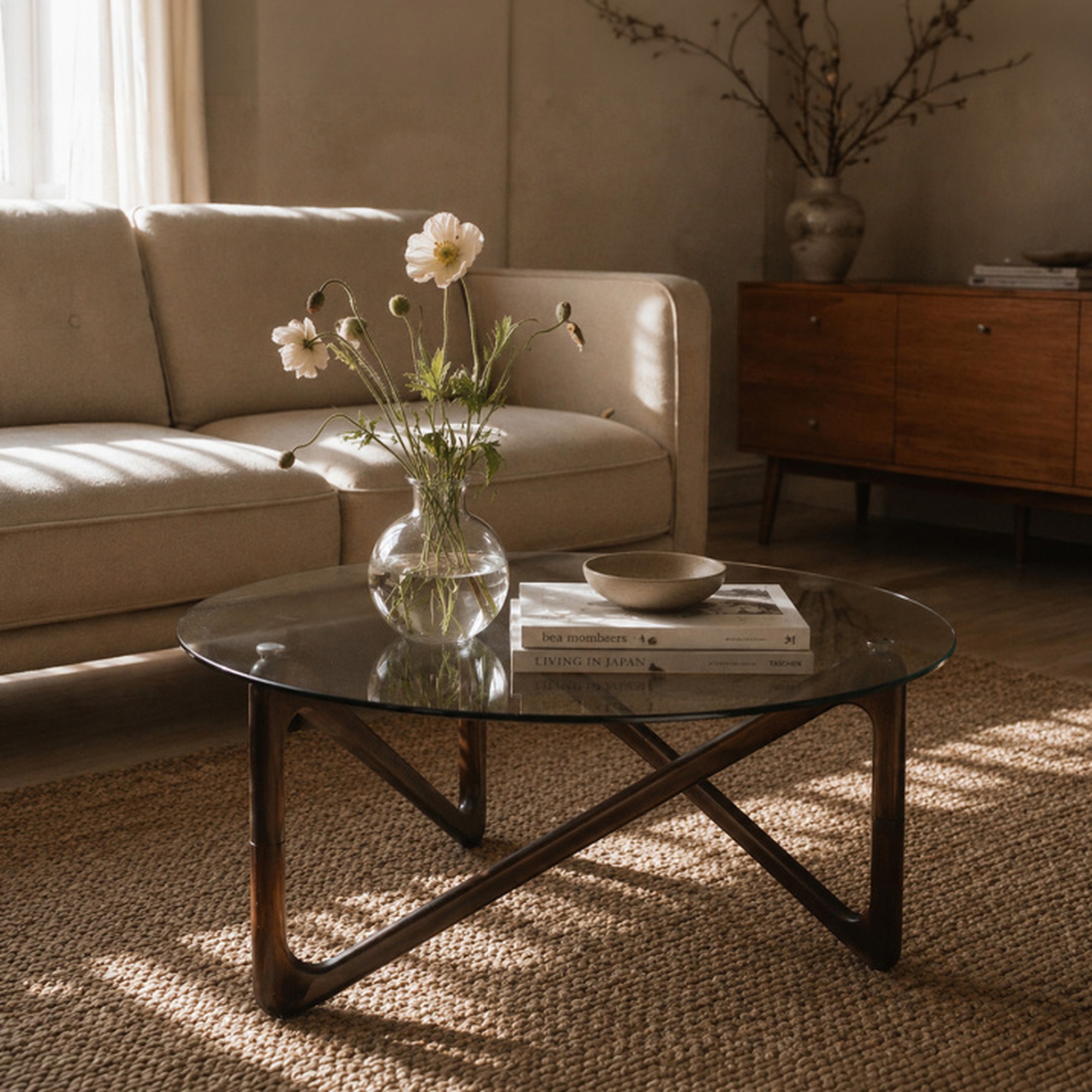 Table basse 'Modica' Ø80 – Noyer/Verre