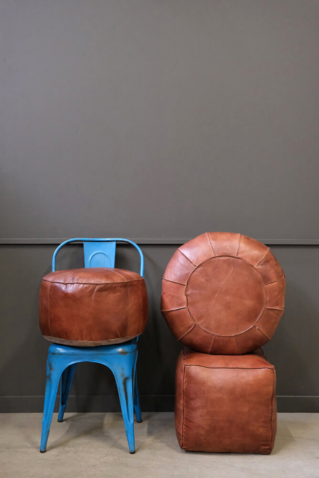 Pouf en cuir 'Olivia' Rond - Brun