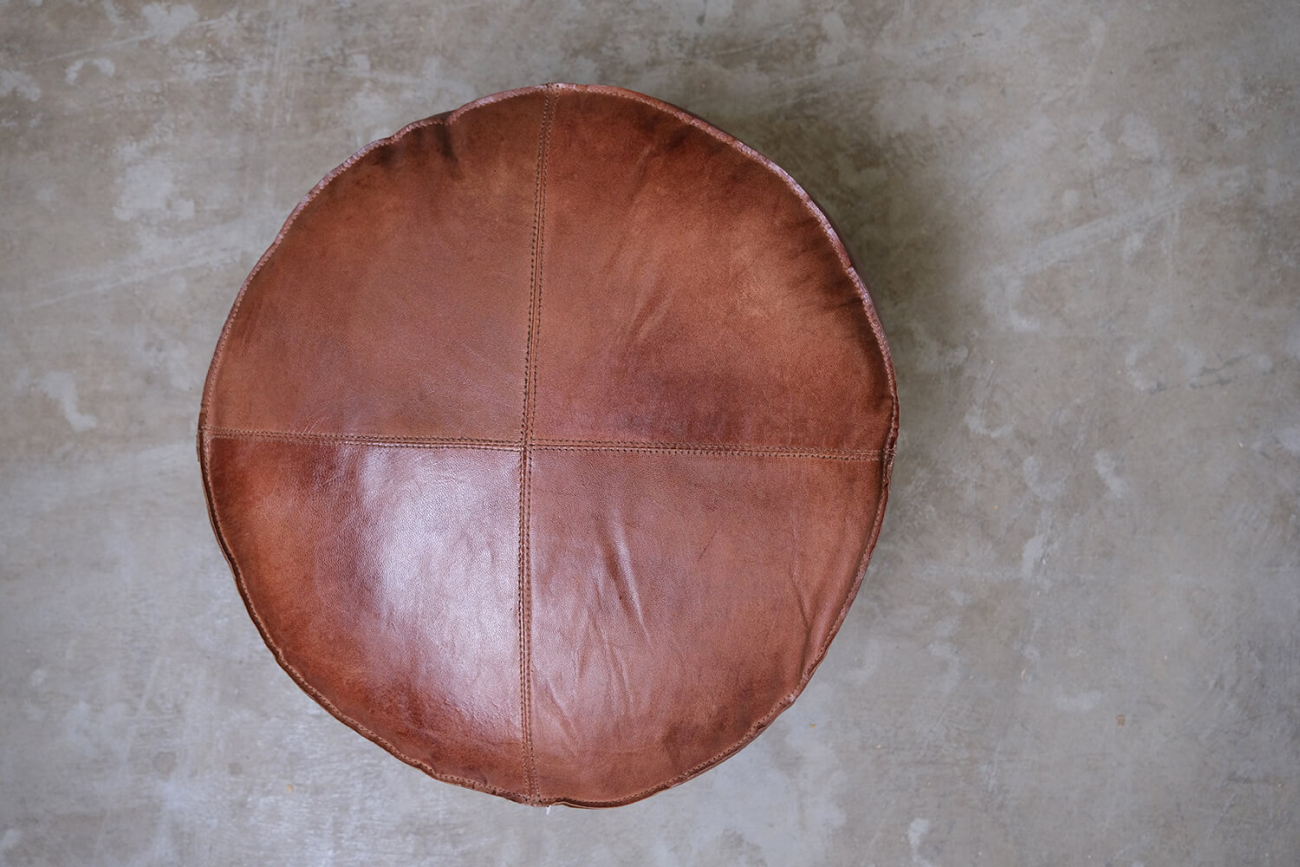 Pouf en cuir 'Olivia' Rond - Brun