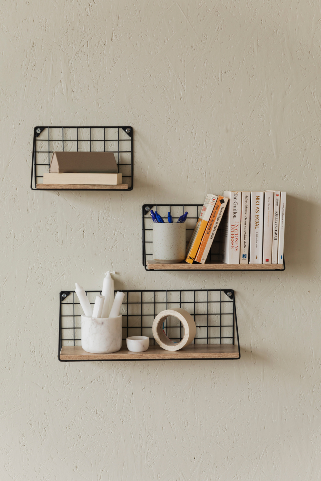 3-pack Étagères murales 'Net' - Noir/Naturel