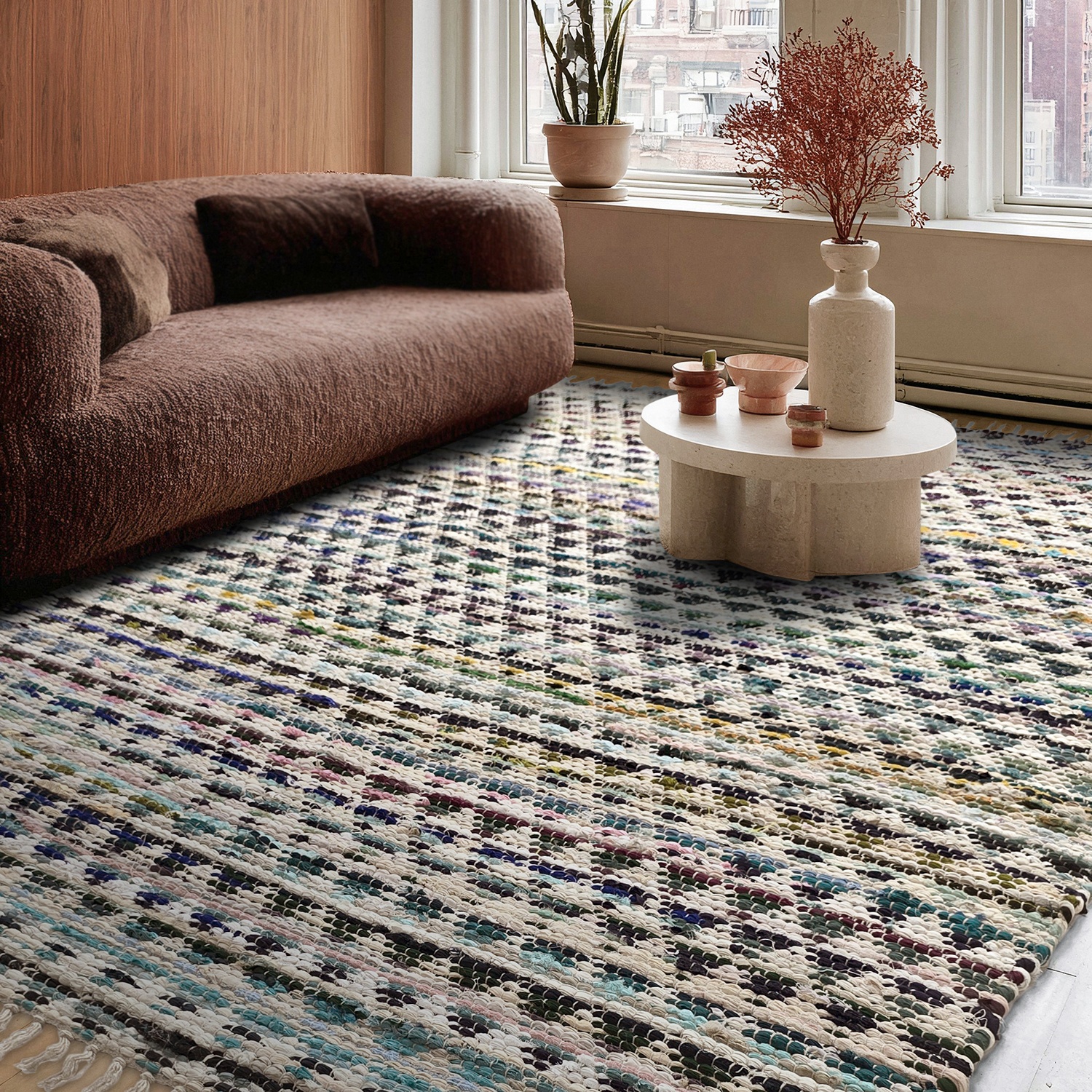 Tapis en chiffons « Lindby » - Multicolore/bleu