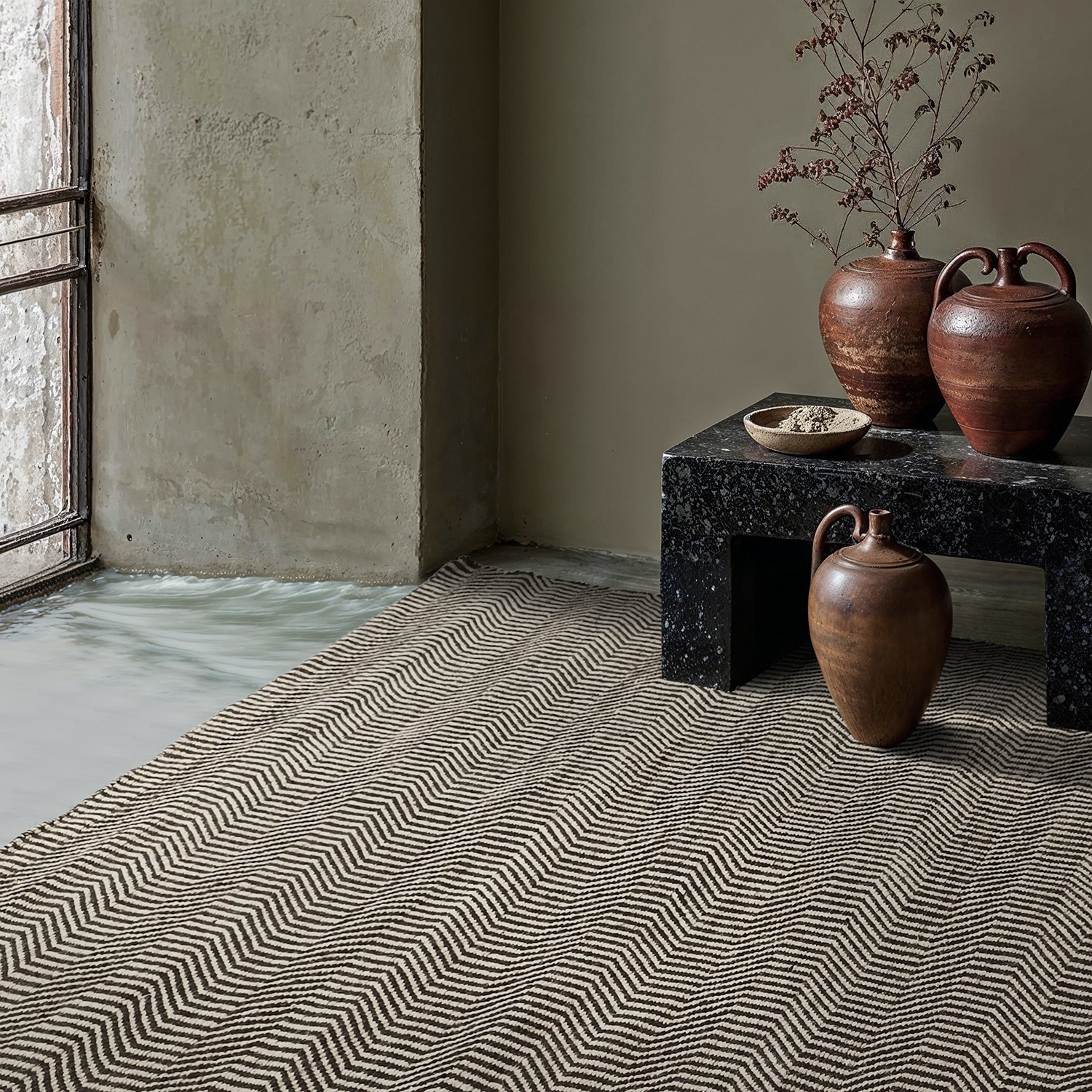 Tapis en laine 'Larkana' - Beige/noir