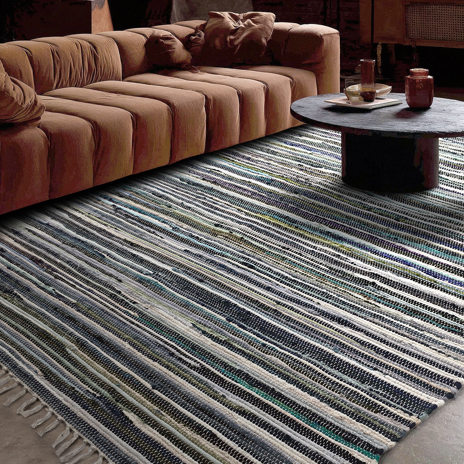 Tapis en chiffons « Home » - Multicolore/bleu