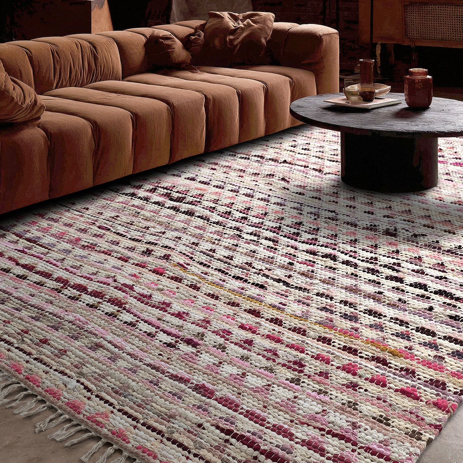 Tapis en chiffons « Lindby » - Multicolore/rose