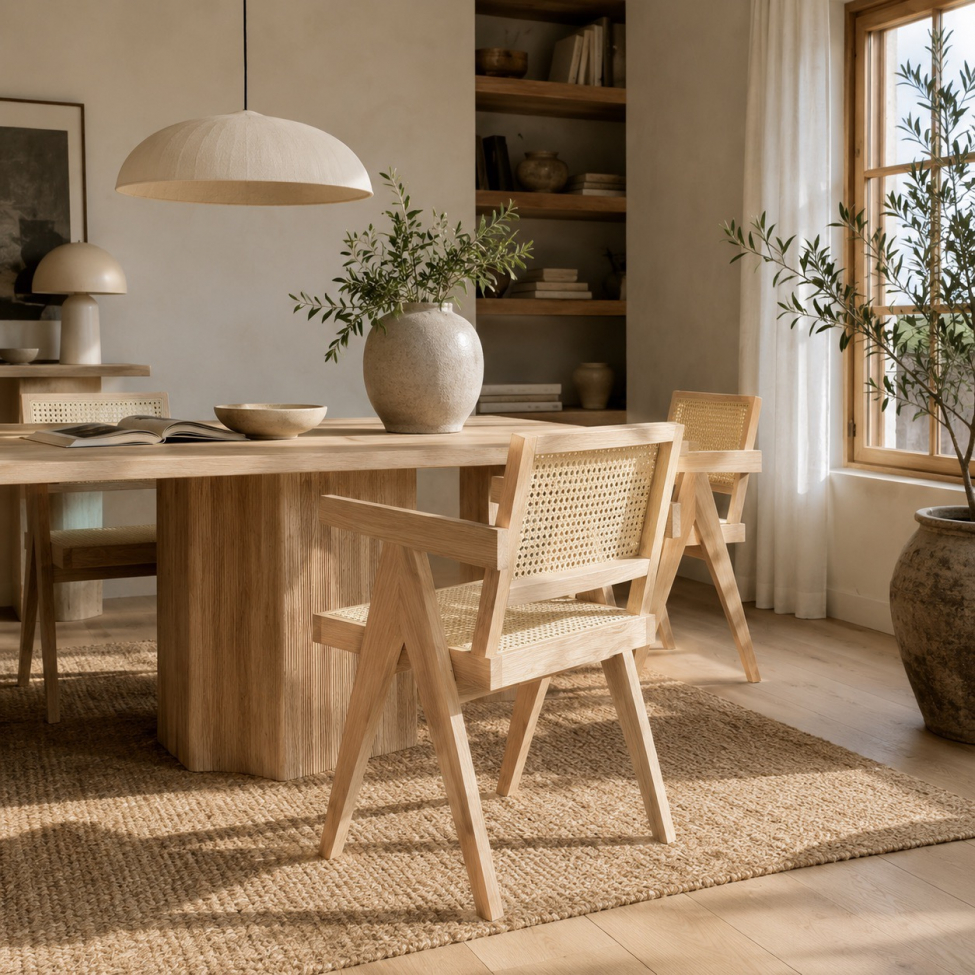 Fauteuil de table 'Jean' - Chêne blanchi/Rotin