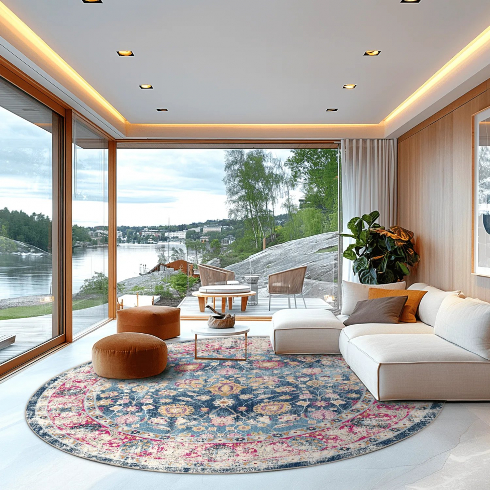 Tapis rond 'Bouhjar' 120cm - Bleu/Rose/Multi