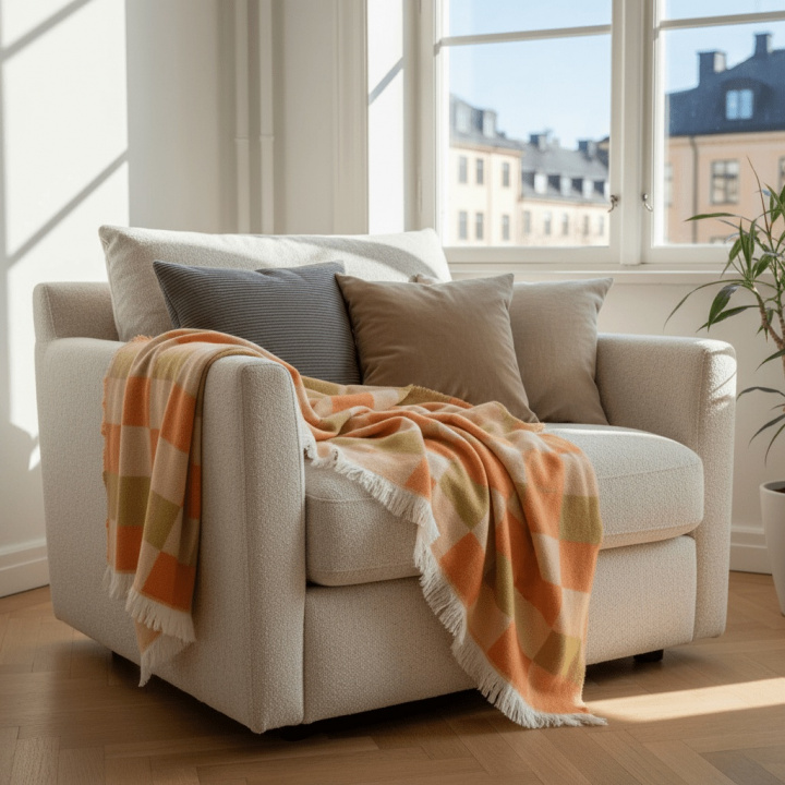Tapis à carreaux \' Audrey Check \' 130 x 170 cm - Beige/jaune/orange dans le groupe Décoration / Textiles / Plaids & couvertures chez Reforma (V10201735)