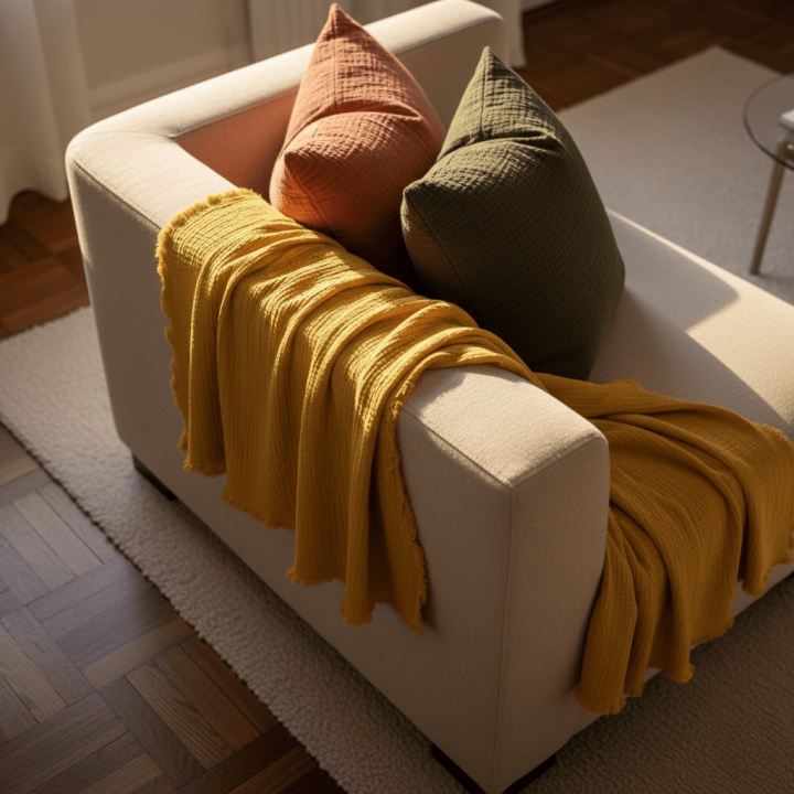 Couverture en mousseline \' Dorena \' 130 x 170 cm - Jaune dans le groupe Décoration / Textiles / Plaids & couvertures chez Reforma (V10201740)