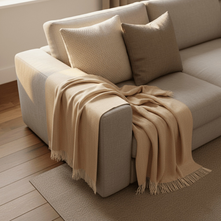 Couverture en coton \' Denisa Fishbone \' 130 x 170 cm - Beige/blanc dans le groupe Décoration / Textiles / Plaids & couvertures chez Reforma (V10201745)